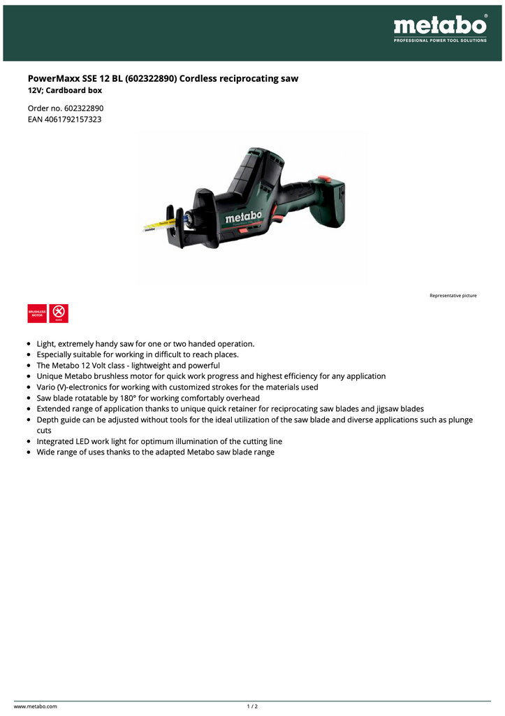 Metabo Powermaxx SSE 12 BL Cordless Reciprocating Saw - 602322890