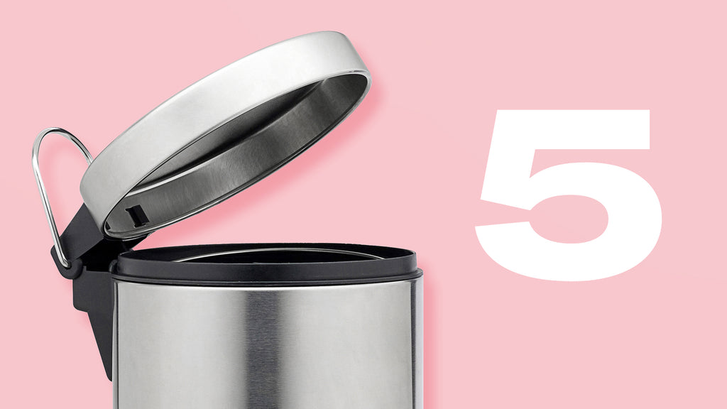 An open garbage can on a pink background with the number 5 in white text.