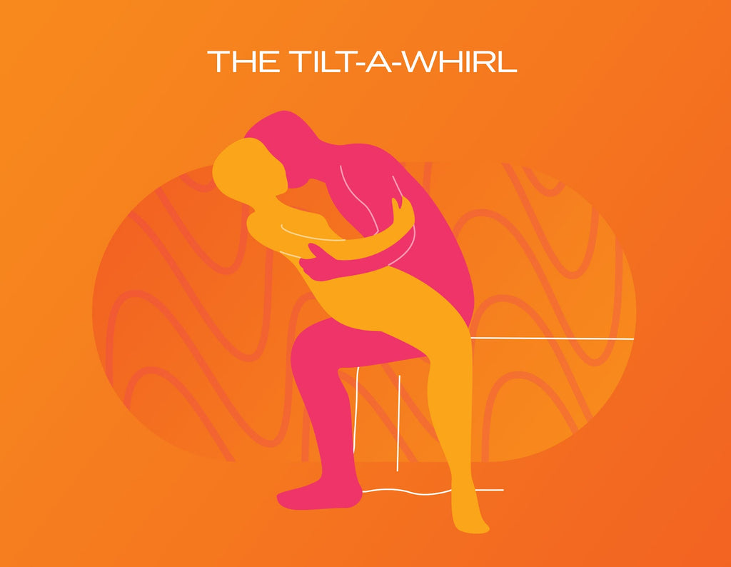 A graphic depicting the Tilt-A-Whilrl sex position on an orange background.