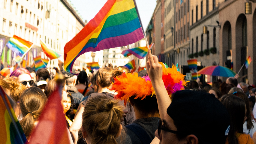 Crowded city streets feature people holding Pride flags in a big parade.