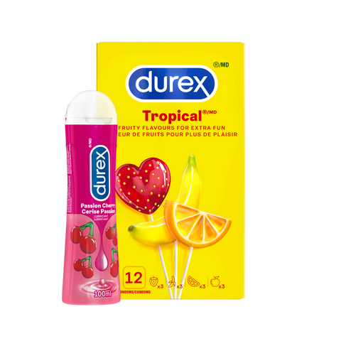 Une bouteille de lubrifiant Durex Cerise Passion et un emballage de condoms Durex Tropical sur fond beige.