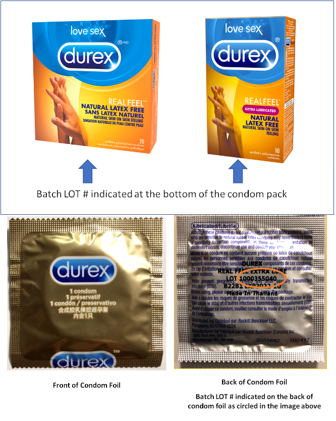 Deux formats d’emballages de condoms Durex Real Feel et l’ avant et l’arrière de condoms Durex dans leur emballage avec le numéro de lot encerclé.