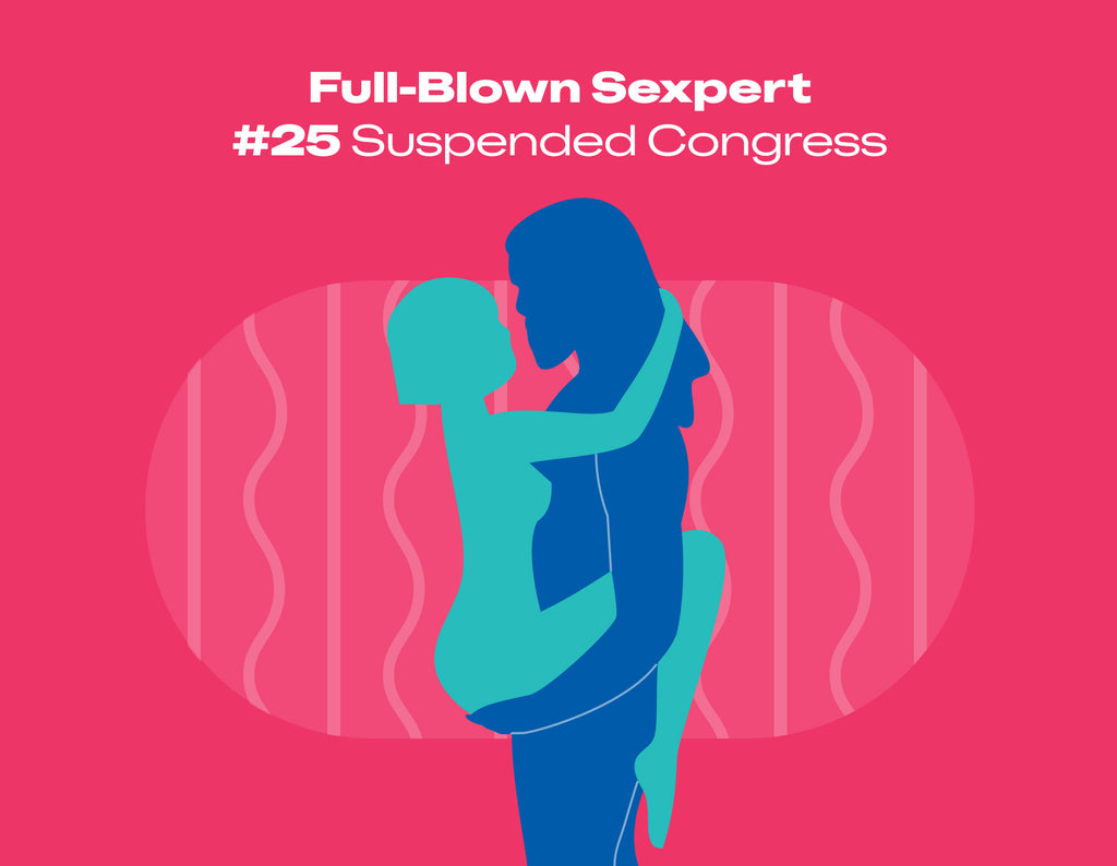 A graphic depicting the Suspended Congress sex position on a pink background with the text "FullBlown Sexpert" at the top.
