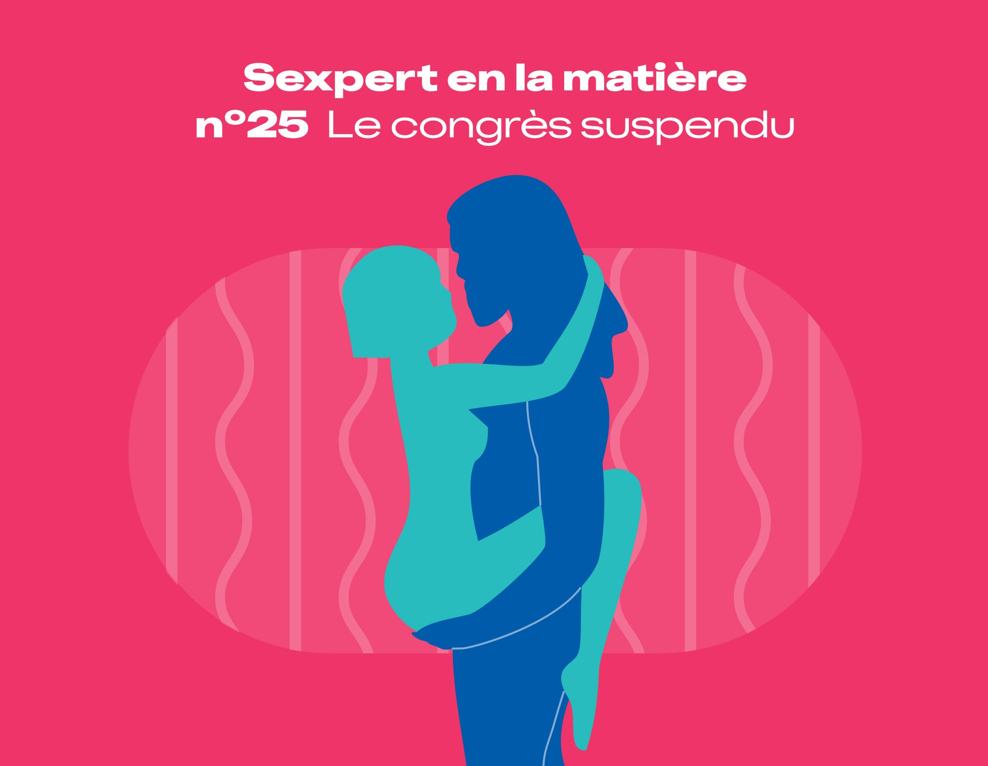 Une illustration représentant la position sexuelle « Le congrès suspendu » sur fond rose avec les mots « Sexpert avancé » audessus.