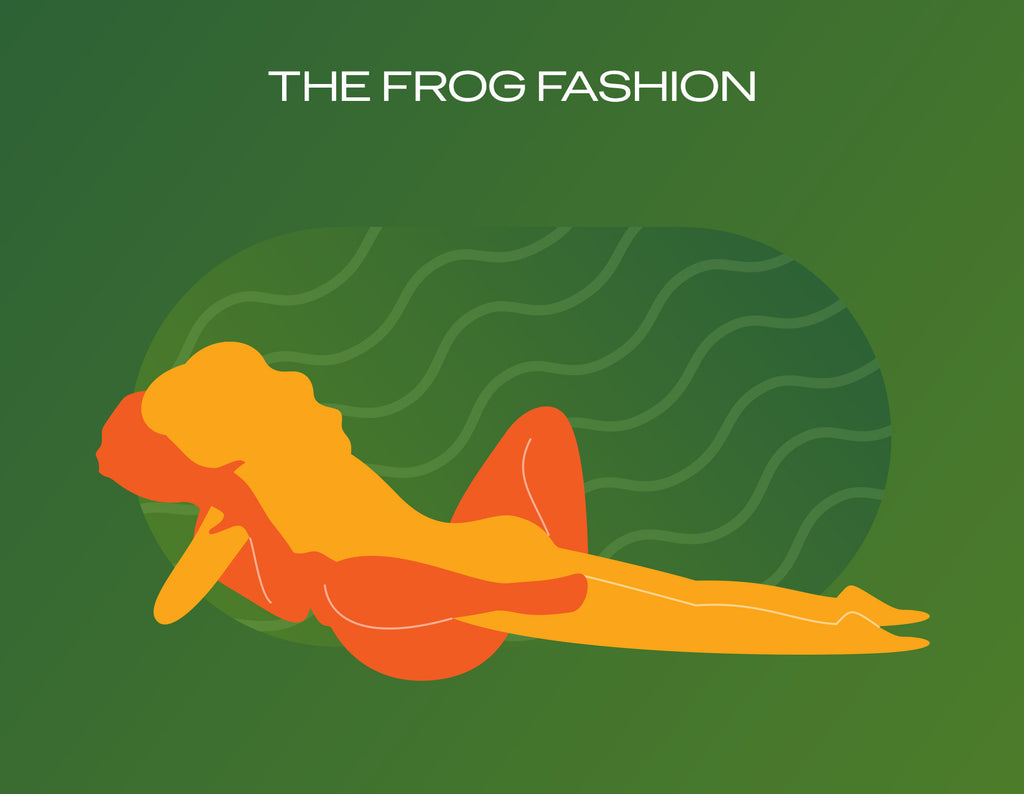 Graphic depicting the Frog Fashion sex position on a green background.