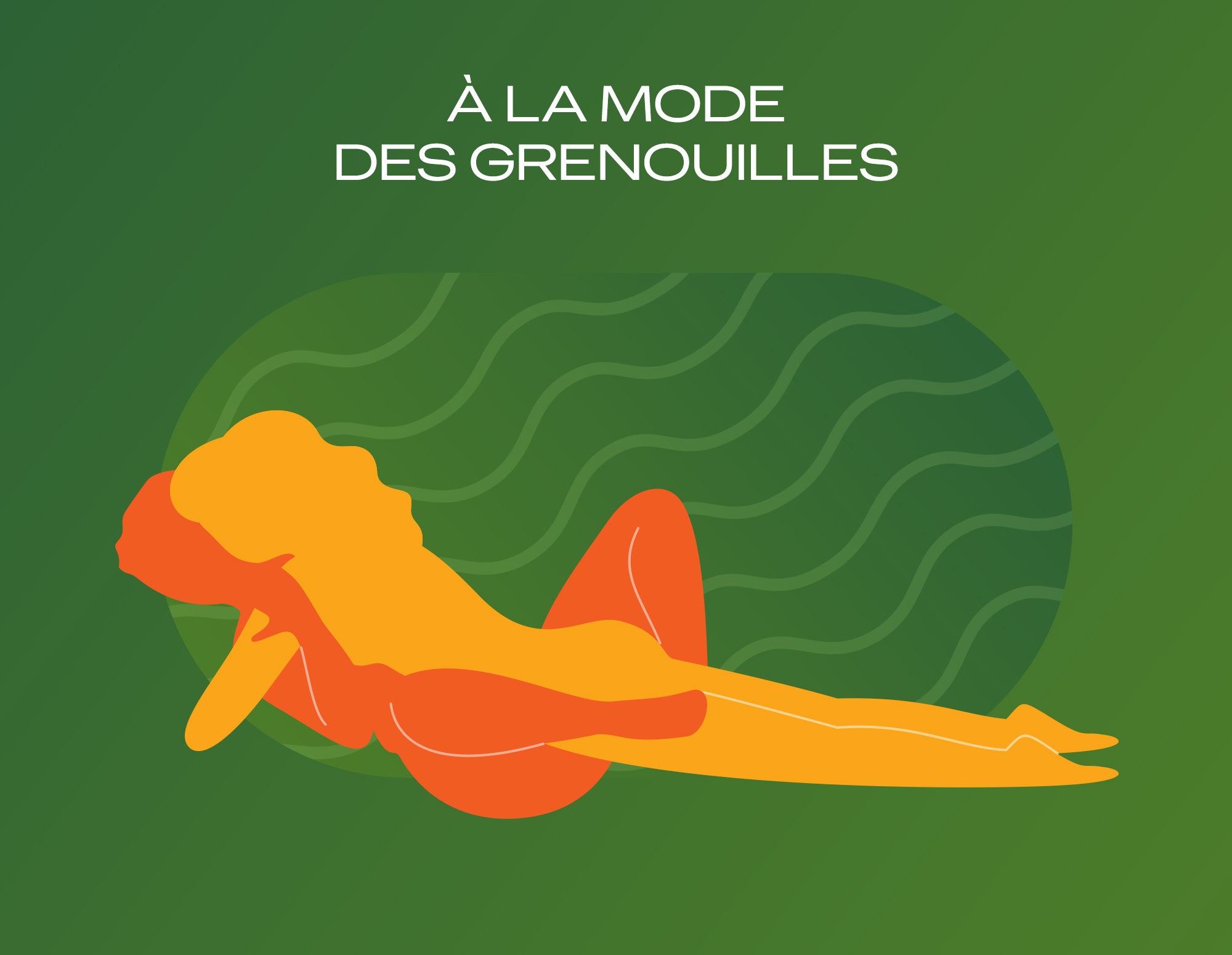Illustration de la position sexuelle « À la mode des grenouilles » sur fond vert.