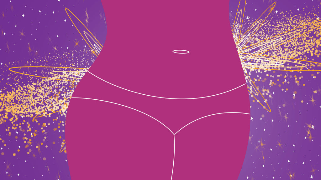 Illustration of a pink woman’s torso layered on top of a purple galaxy.