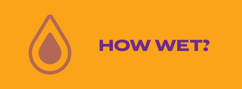 Graphic on an orange background with the text "how wet?" in purple.