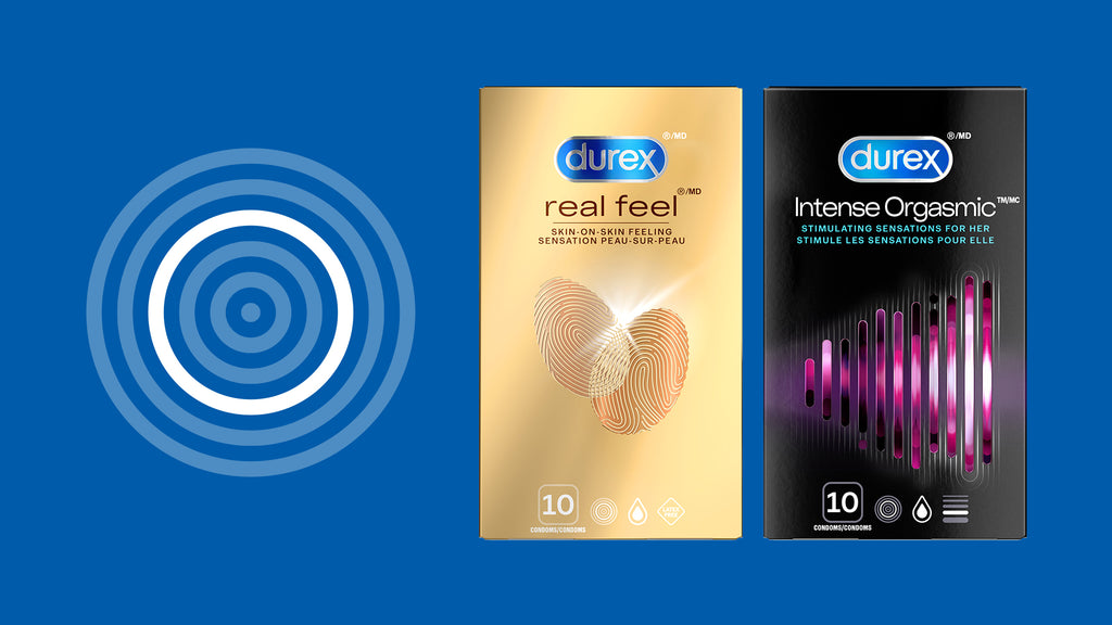 Les condoms Durex Real Feel et Durex Intense Orgasmic s’ajustent aux grandes tailles pour plus de satisfaction.