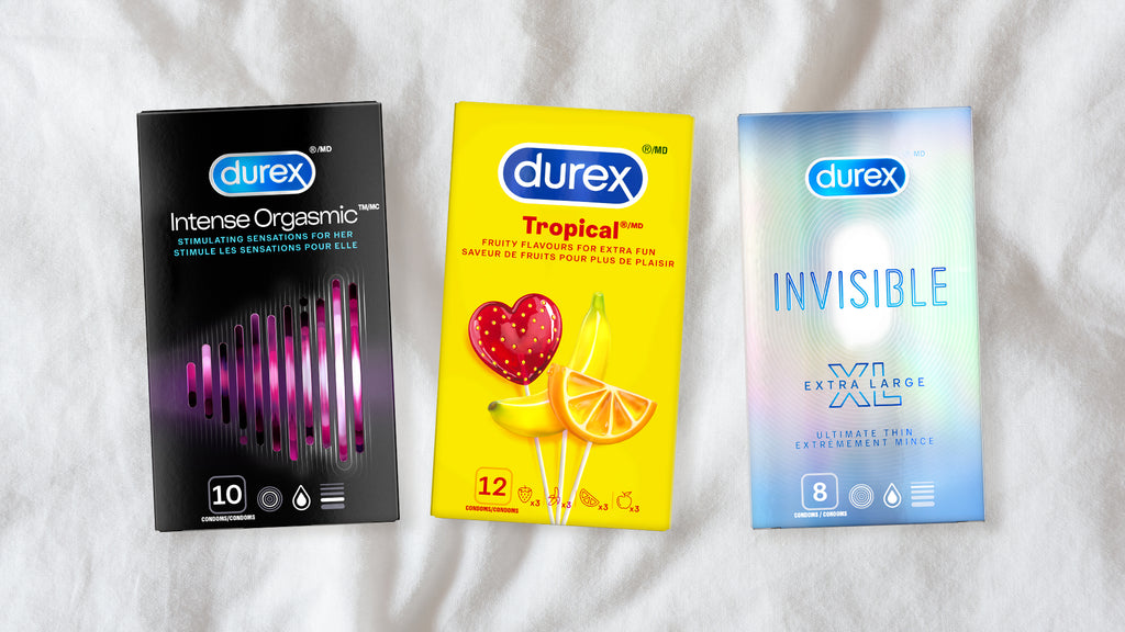 A range of safe Durex condoms including flavoured, thin, and performance styles.