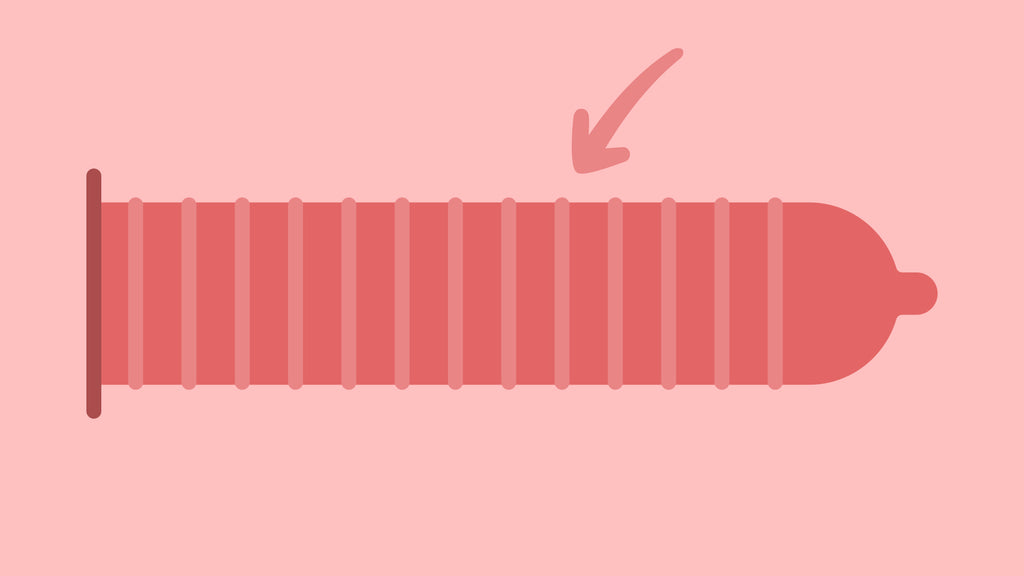 Arrow pointing towards illustrated image of the ridges on a ribbed condom.