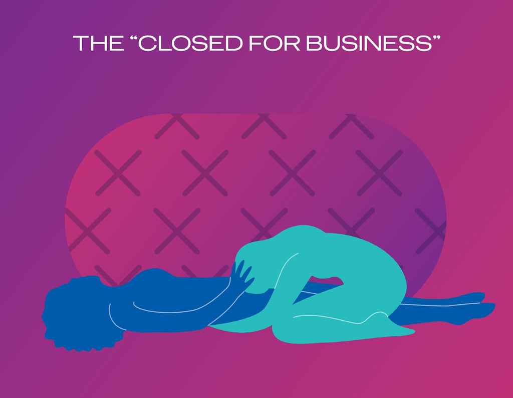 A graphic depicting the "Closed for Business" sex position on a purple gradient background.