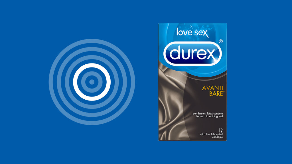 Packaged Durex Avanti Bare condoms next to a radiating circle graphic.