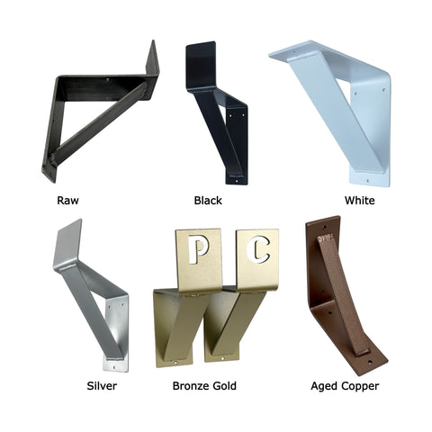 Different paint options for fireplace mantel bracket corbels and floating shelf brackets including raw, black, white, silver, gold, and copper