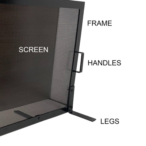 Parts of a fireplace screen including handle, frame, legs, and screen