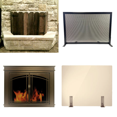 Different types of fireplace screens, including wooden slat, metal, glass, and cabinet style