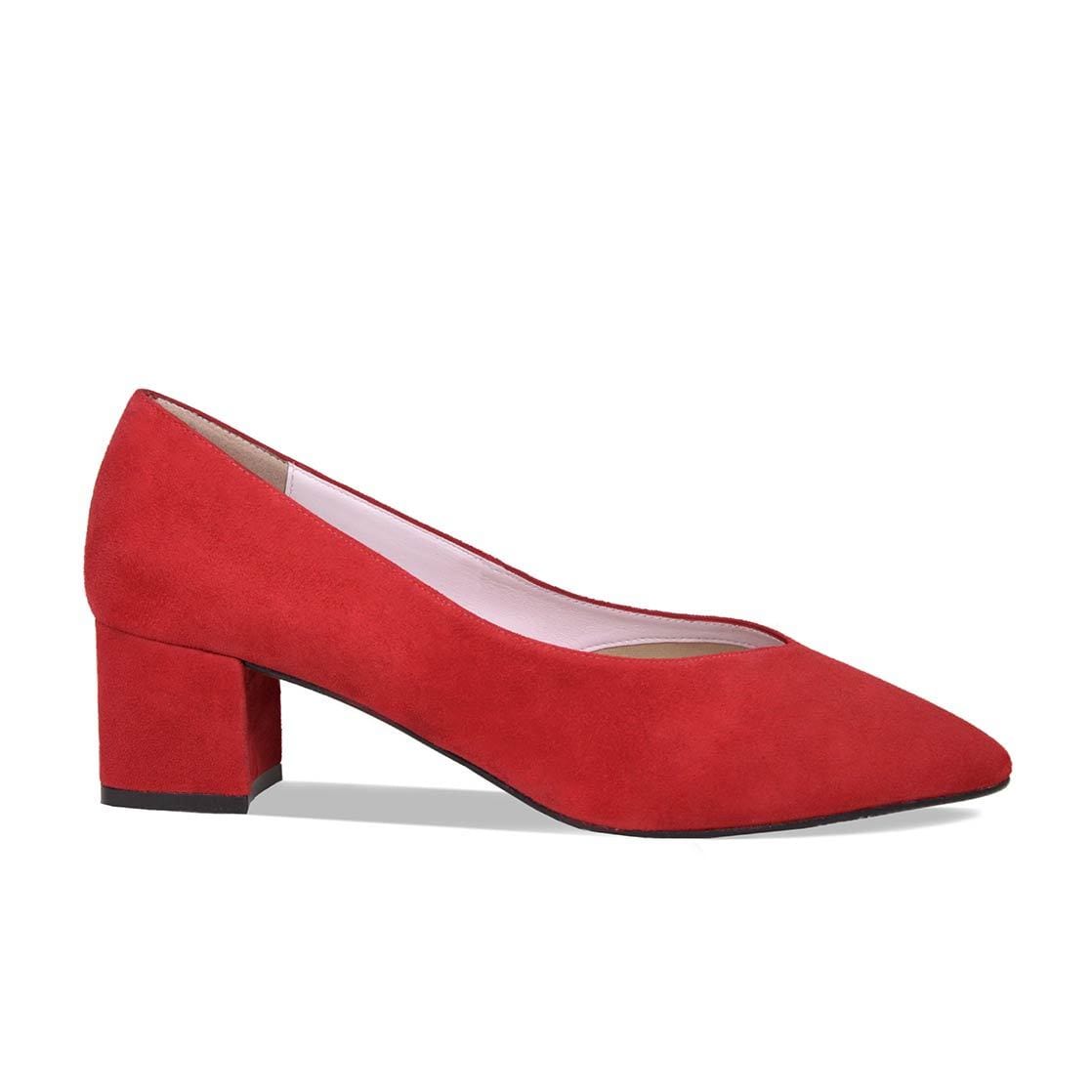 red suede block heel pumps