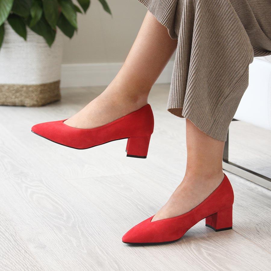 red suede block heel shoes