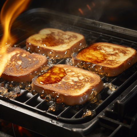 A hot griddle with sizzling slices of French toast, showing the transition from pale to golden brown