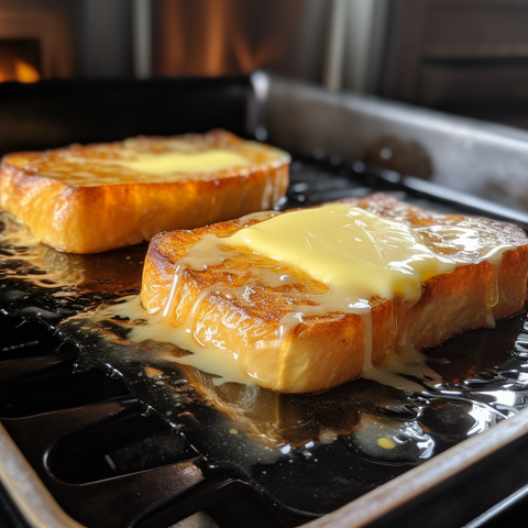 Un trozo de mantequilla derritiéndose y chisporroteando en una plancha precalentada, listo para cocinar tostadas francesas