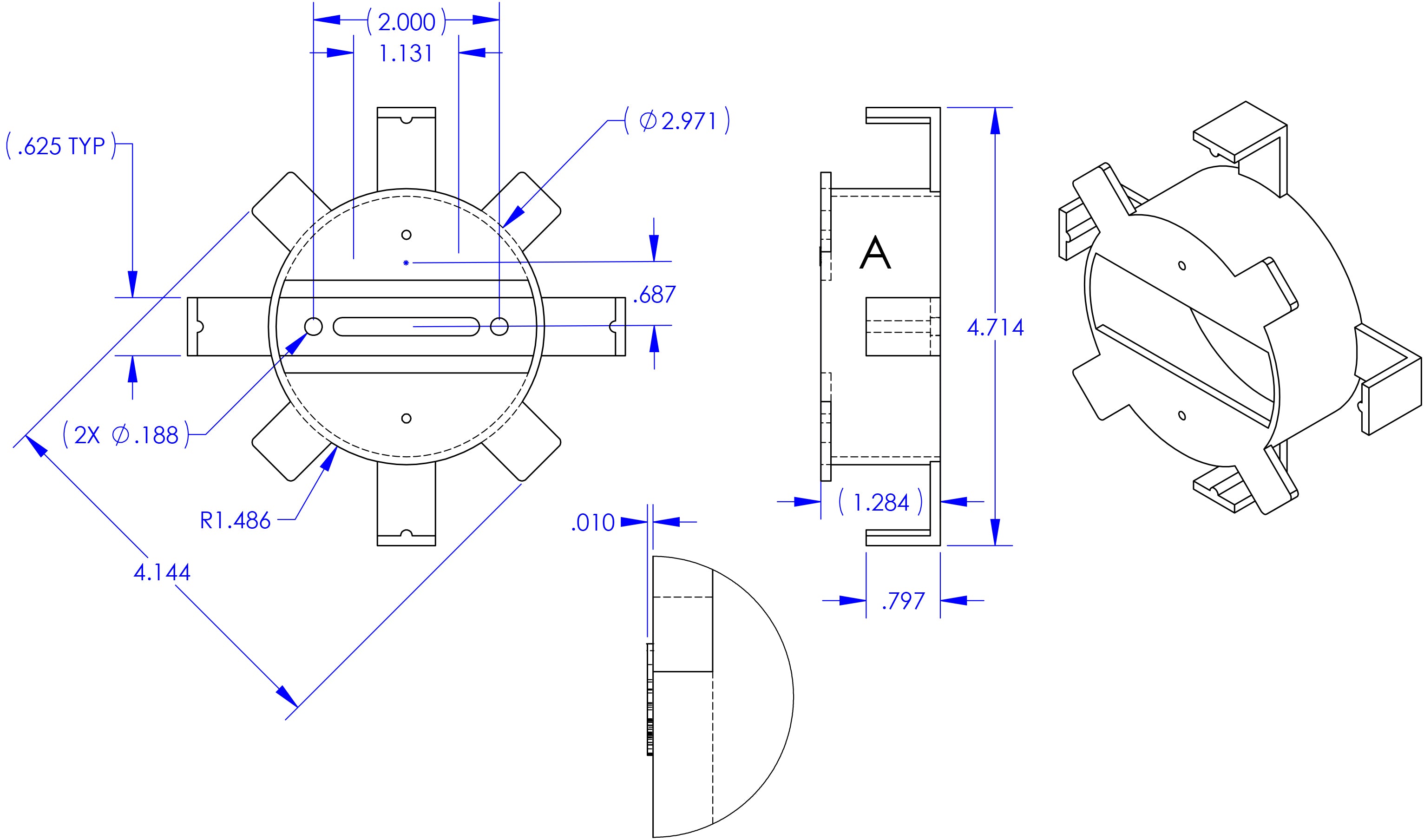 Cable Management Round Spool 1.5 in. Bend Radius Blue Diagram