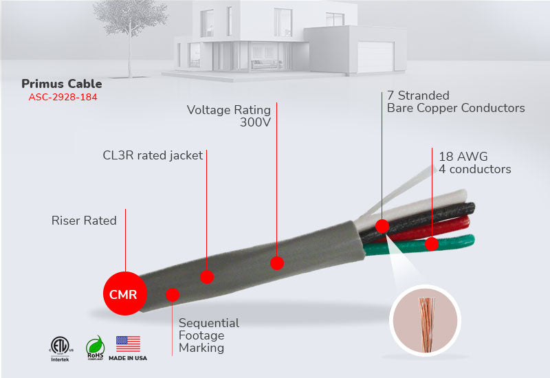 18/4 CMR Unshielded Alarm Cable for Residential & Commercial Security Systems