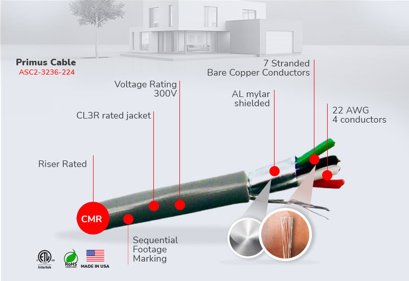 Security Alarm Cable - Riser (CMR) - 22/4, CL3R, Stranded (7 Strand), Shielded, 1000ft