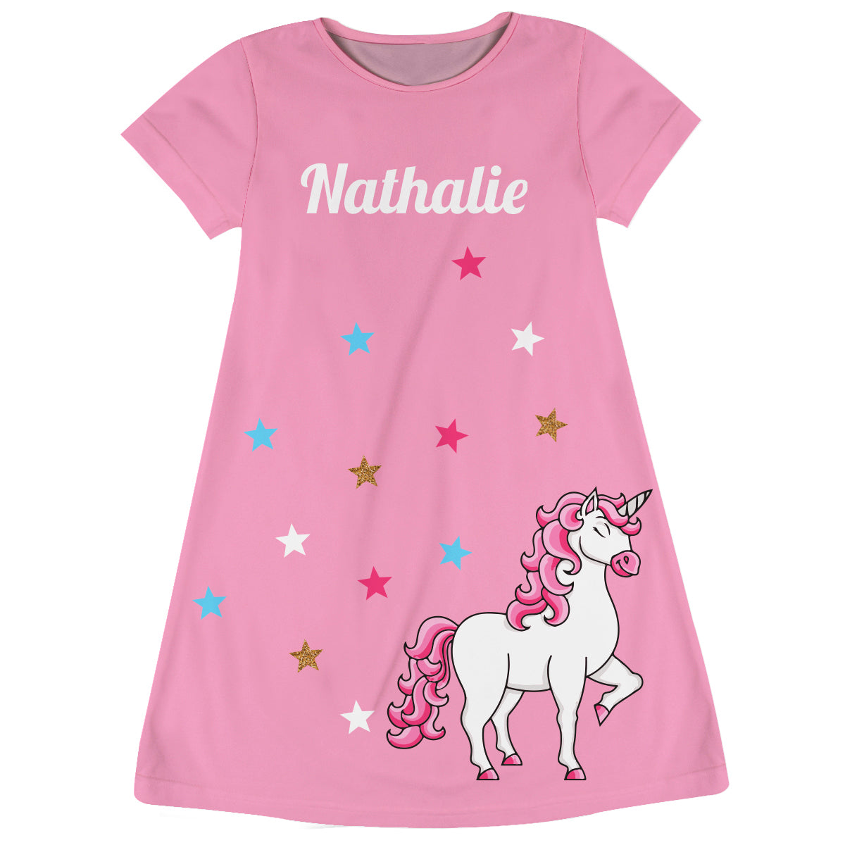 Unicorn Personalized Name Pink Short Sleeve A Line Dress - Wimziy&Co.