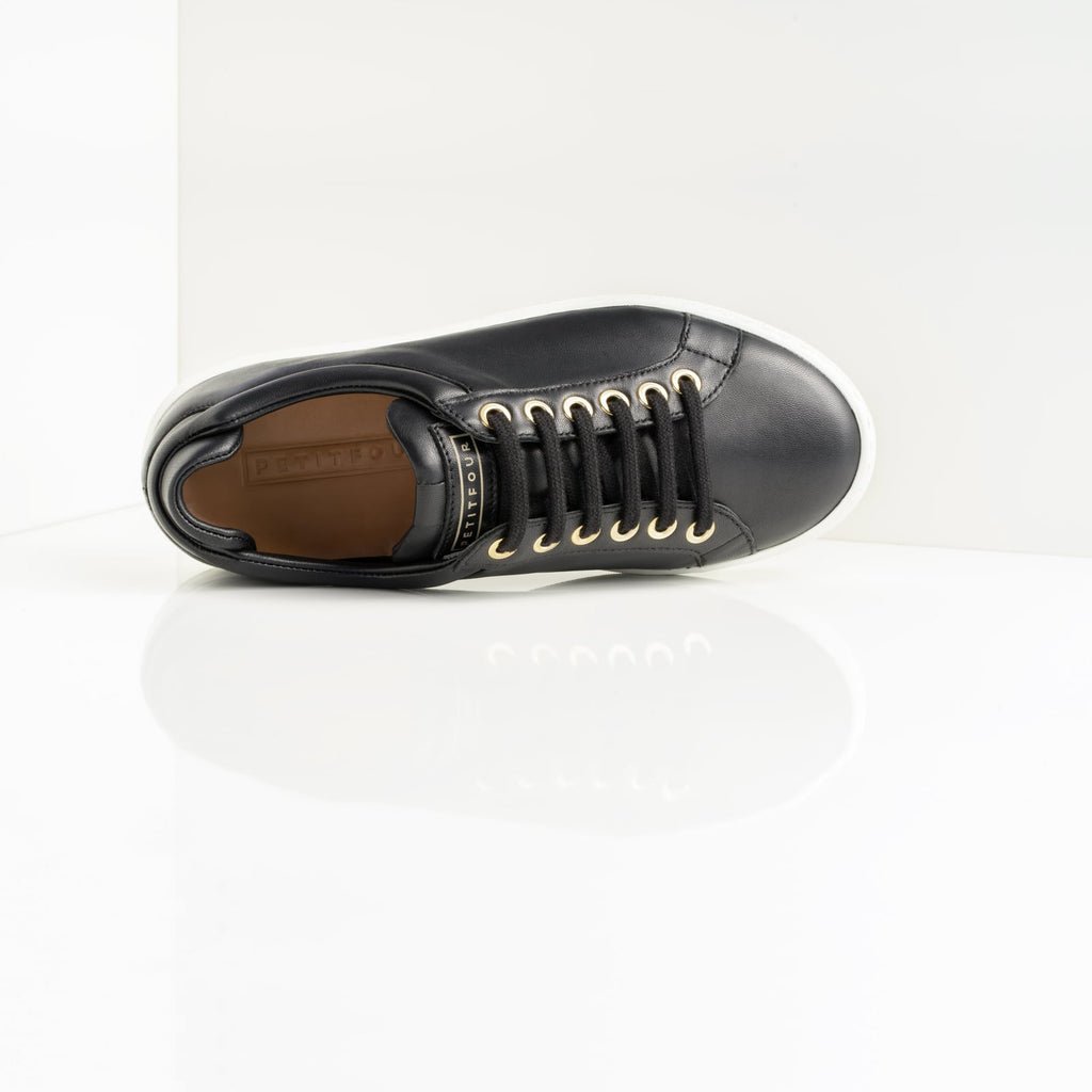 top view of black leather sneaker black coffee small size shoes model from petitfour feeling good collection