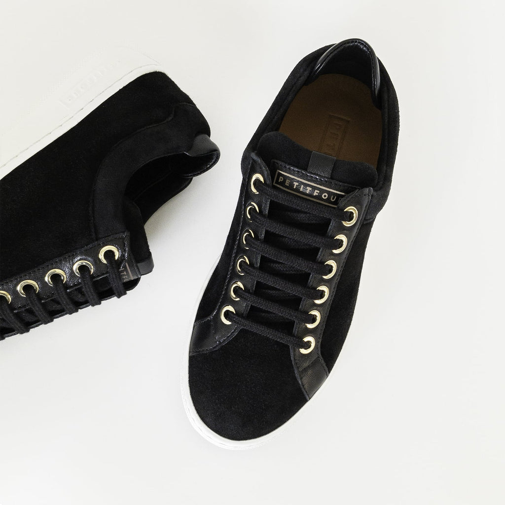 top and side view of black sneakers liquorice small size shoes model from petitfour feeling good collection