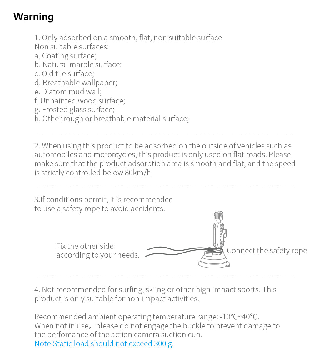 ACTION CAMERA Suction Cup warning