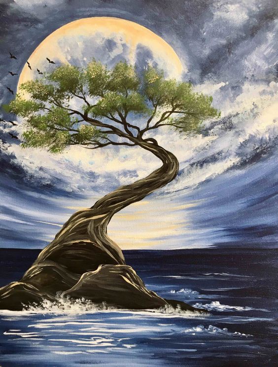 Easy Painting Ideas, Moon Painting, Easy Landscape Painting Ideas for Beginners, Easy DIY Acrylic Painting Ideas for Kids, Easy Tree Paintings