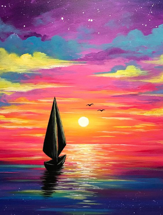 Easy Painting Ideas, Easy Landscape Painting Ideas for Beginners, Sail Boat Painting, Easy Sunset Painting, Easy DIY Acrylic Painting Ideas for Kids, Easy Seascape Paintings
