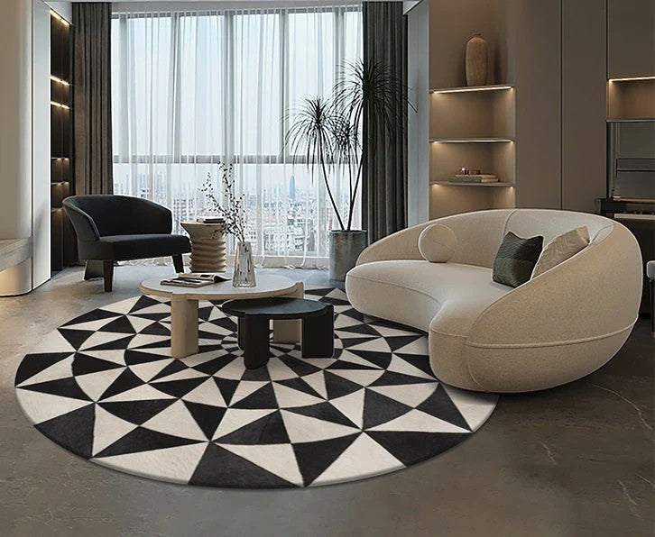 Modern Wool Rugs for Living Room, Modern Rugs for Bedroom, Coffee Table Round Rugs, Black and White Modern Wool Rugs, Abstract Round Modern Rug for Dining Room Table