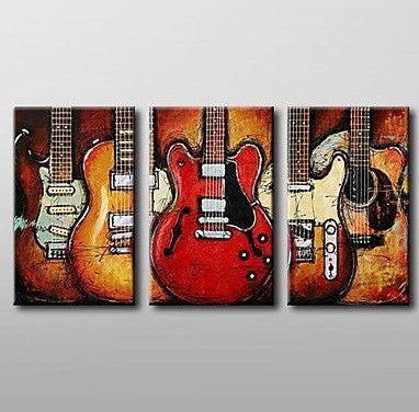 Modern Abstract Painting, 3 Piece Canvas Art, Red Abstract Painting, Electric Guitar Painting, Canvas Painting for Living Room