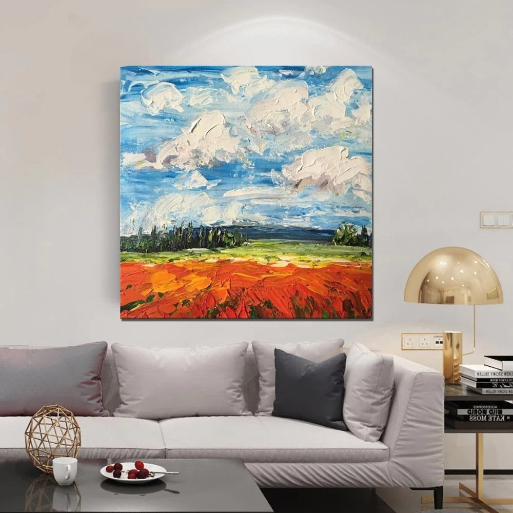 Red Poppy Field and Sky, Abstract Landscape Painting, Landscape Paintings for Living Room, Large Landscape Painting for Dining Room, Heavy Texture Painting