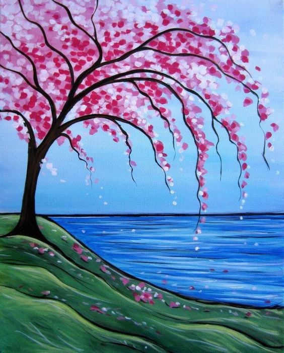 30 Easy Tree Painting Ideas for Beginners, Flower Tree Paintings,  Easy Landscape Painting Ideas, Simple Acrylic Paintings