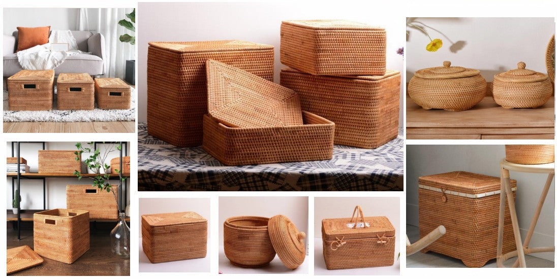 Large Rectangular Storage Basket with Lid, Rattan Storage Case