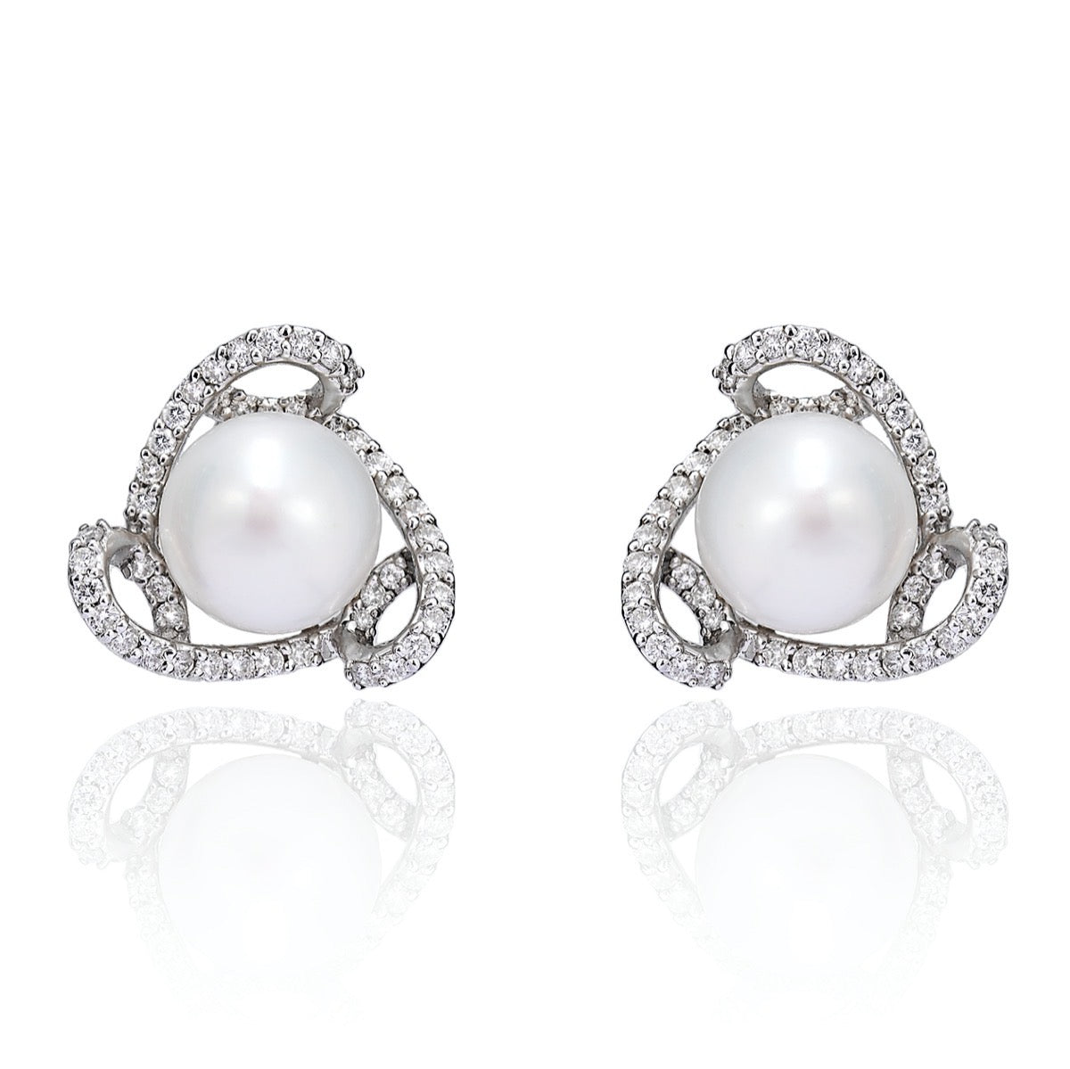 Diamond Swirl Pearl Stud Earrings in 18K White Gold