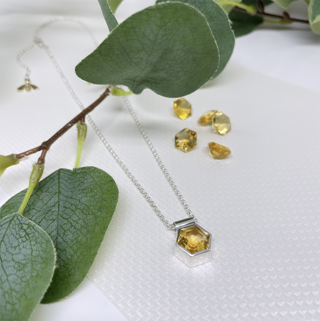 Honeycomb Silver Pendant with Citrine & 9ct Yellow Gold Bee