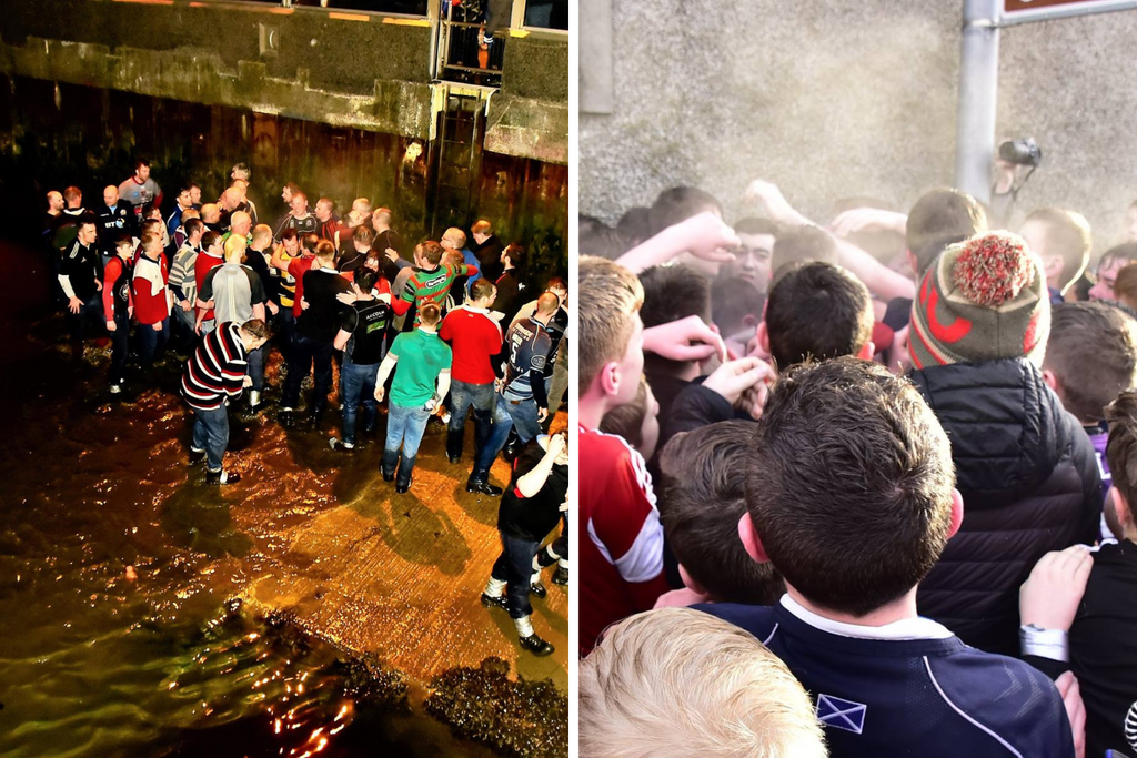 Left - Ba' players at the Doonie Goal, 'the basin' (Kirkwall Bay) | Right - Ba' players at the Uppie goal 'the wall' © Bruce Flett