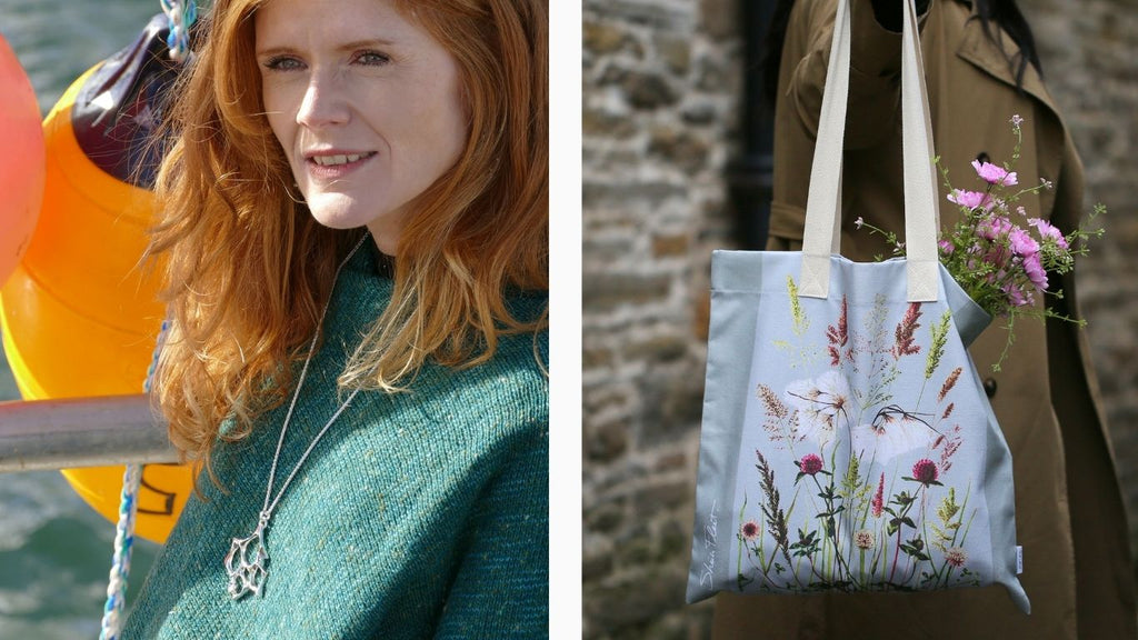 Britt modelling a Sculpted by Time dress pendant on the left, and a new Summer Meadow tote bag shown on the right.