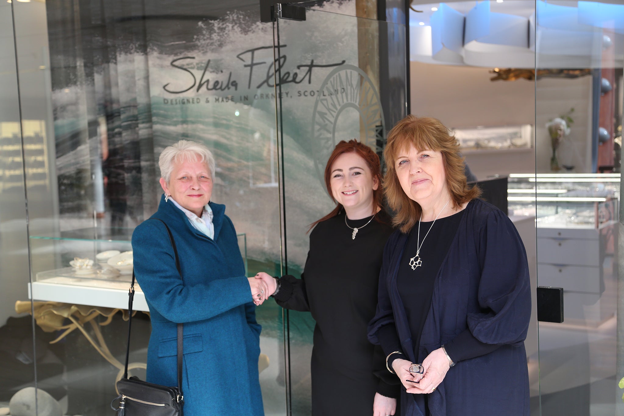 Sheila and Coylah greeting our first customer at the opening of our Glasgow Gallery in Princes Square, April 2019.