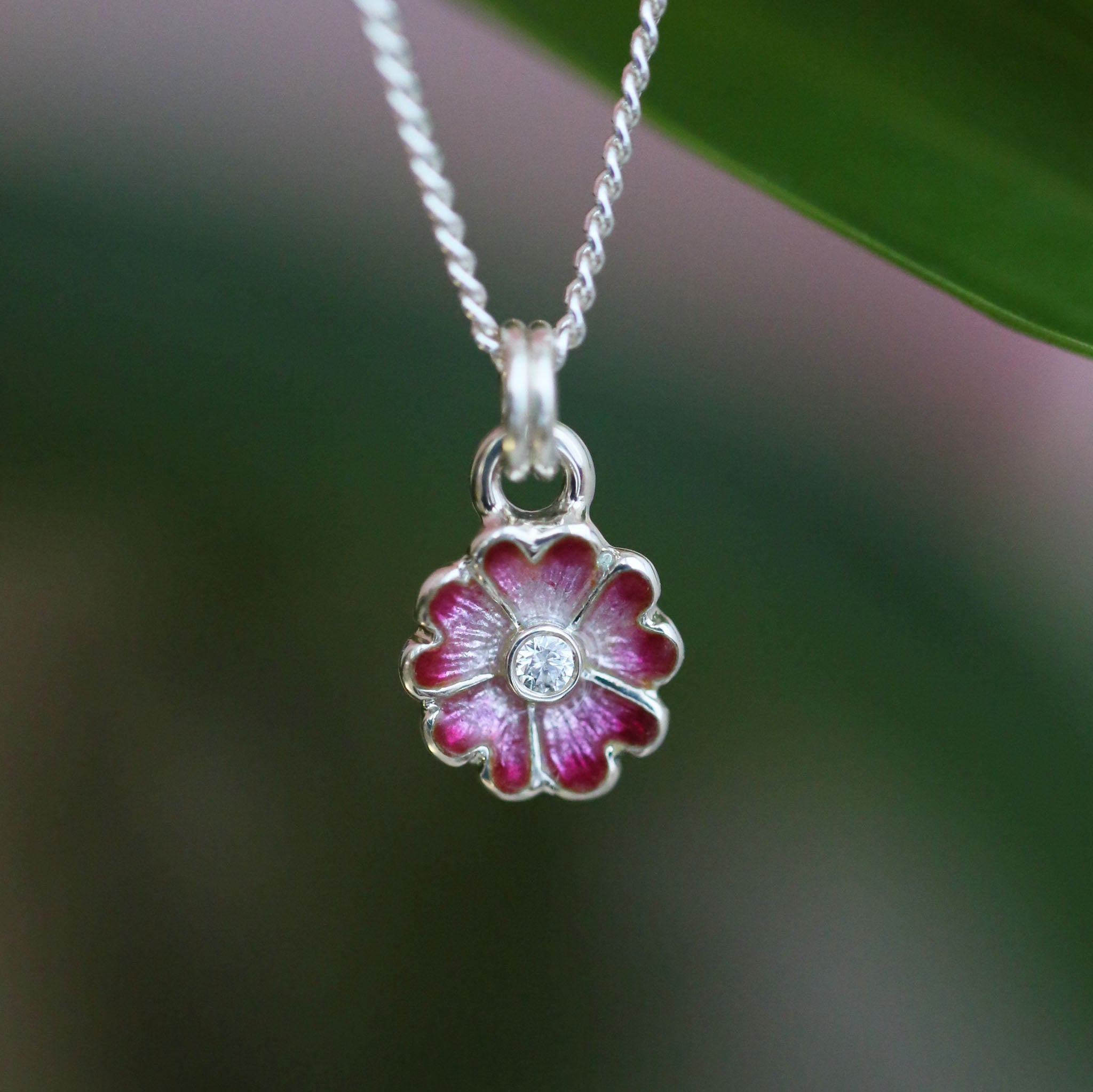 Primula Scotica Petite Cubic Zirconia Pendant in Hot Pink Enamel