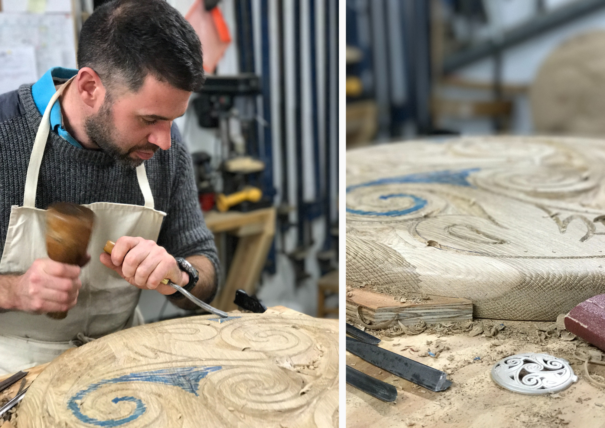 Leo carving the wooden Birsay Disc for The Kirk