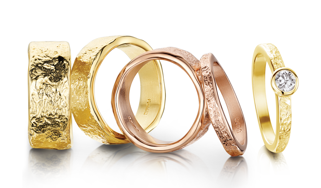 A variety of Sheila's Matrix rings in yellow and rose gold