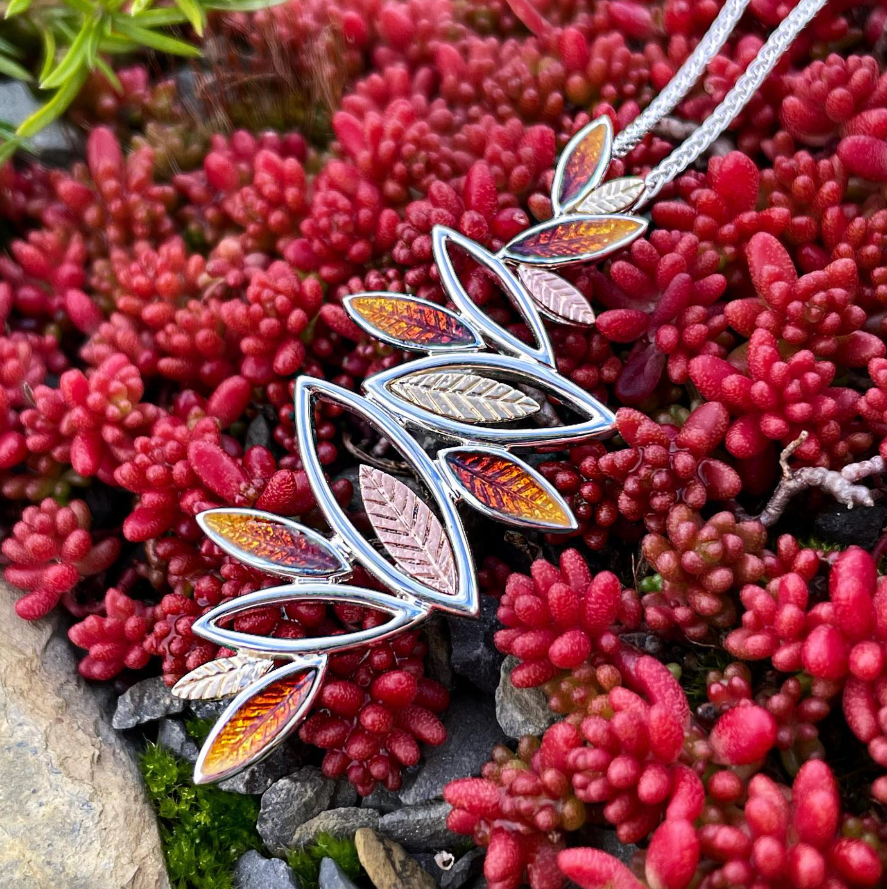 Seasons Gold Leaves Dress Pendant in Autumn Enamel