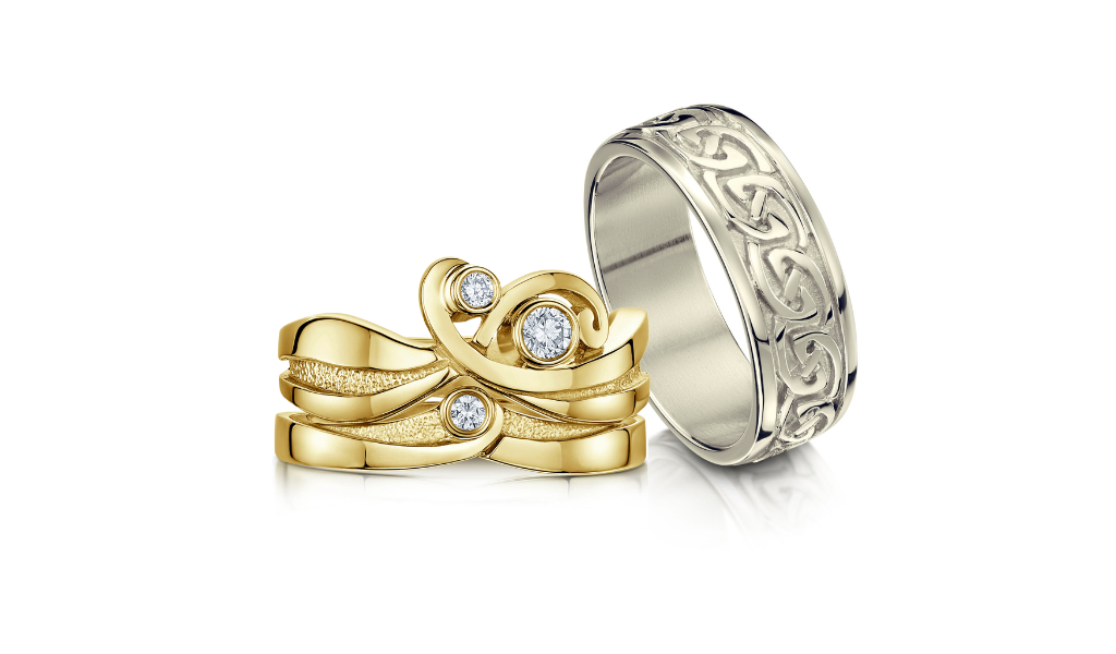 Tracy & Michael's engagement and wedding rings - New Wave ring set in 9ct yellow gold and Celtic Knotwork ring in 9ct white gold.