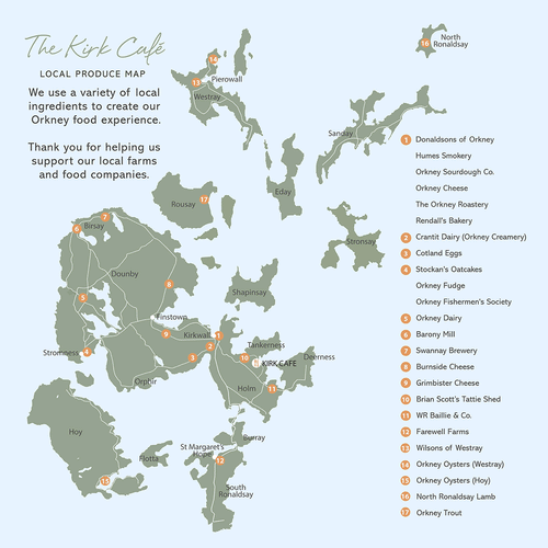 The Kirk Café Local Product Map showing all suppliers on a map of Orkney.