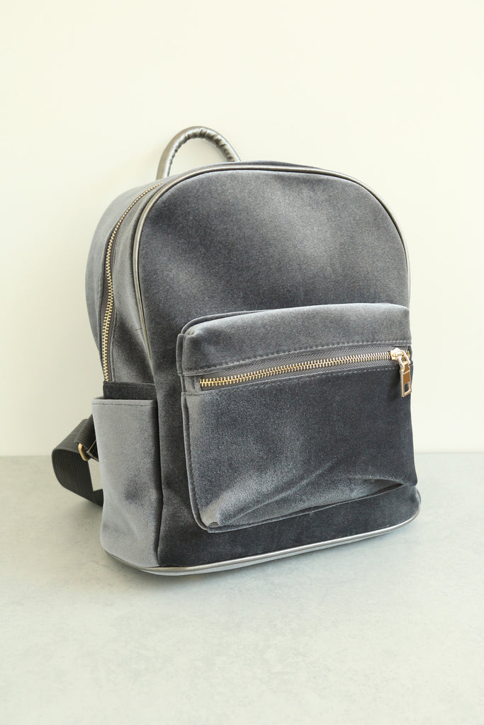 grey velvet backpack